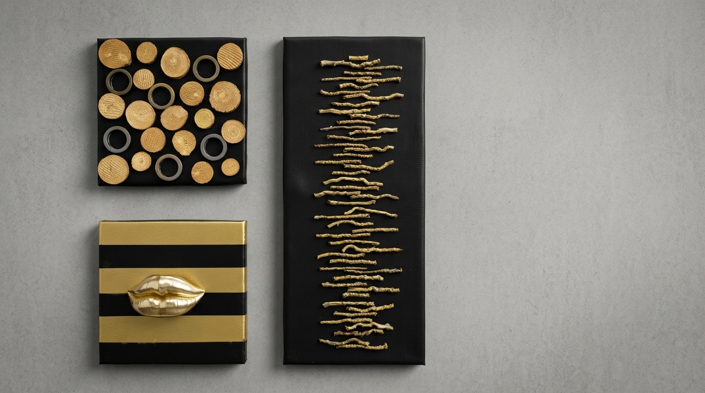 Three mixed media black and gold art pieces