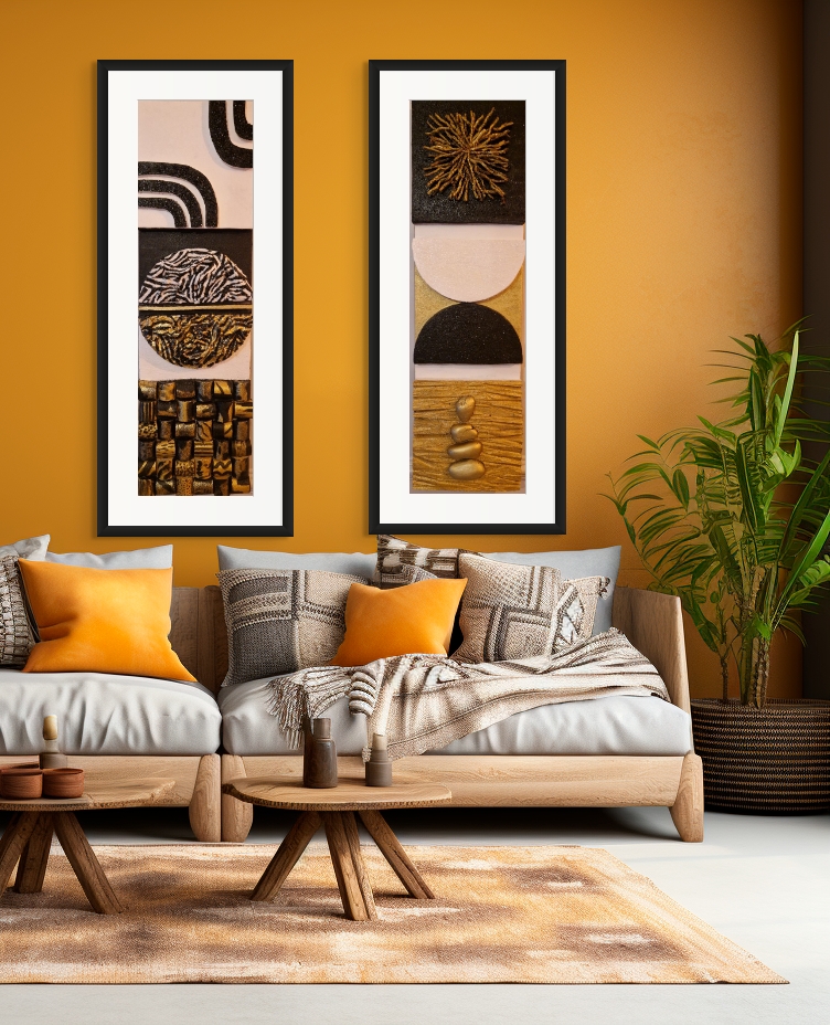 Bespoke art — two tall framed canvases on amber wall