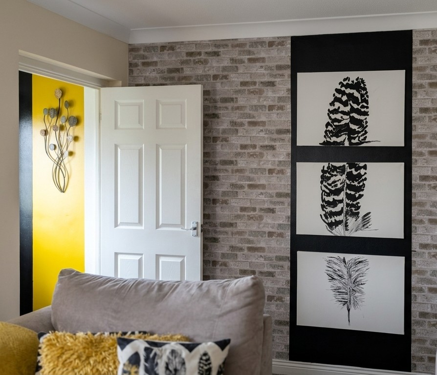 Zebra feather canvas on exposed brick wall