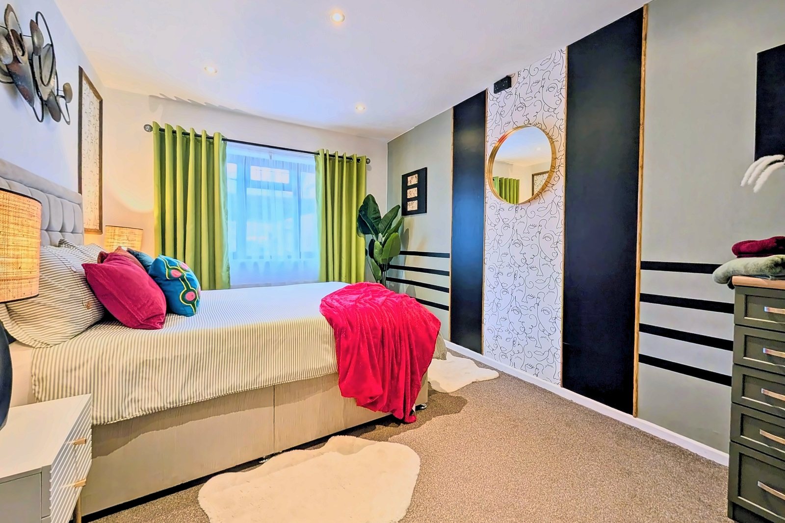 Master bedroom mirror wall after, with black stripes and line art panel