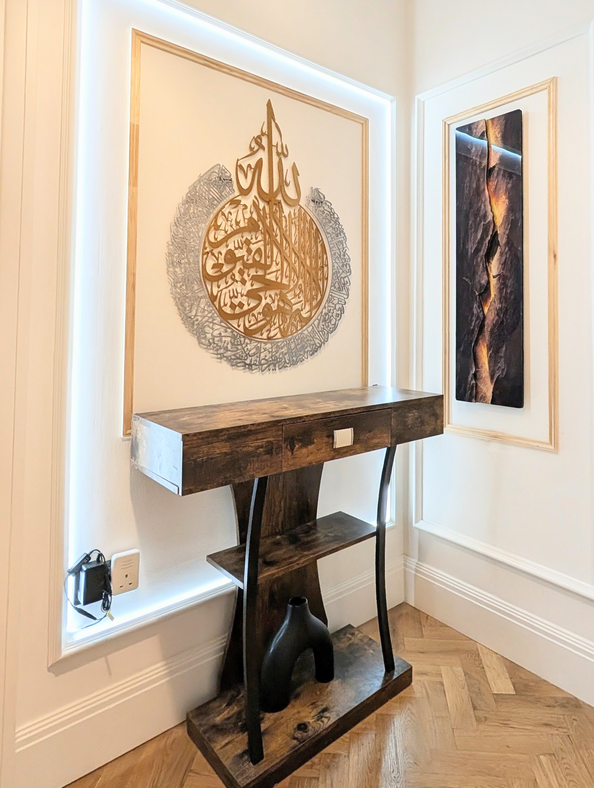 Calligraphy art installation with LED halo