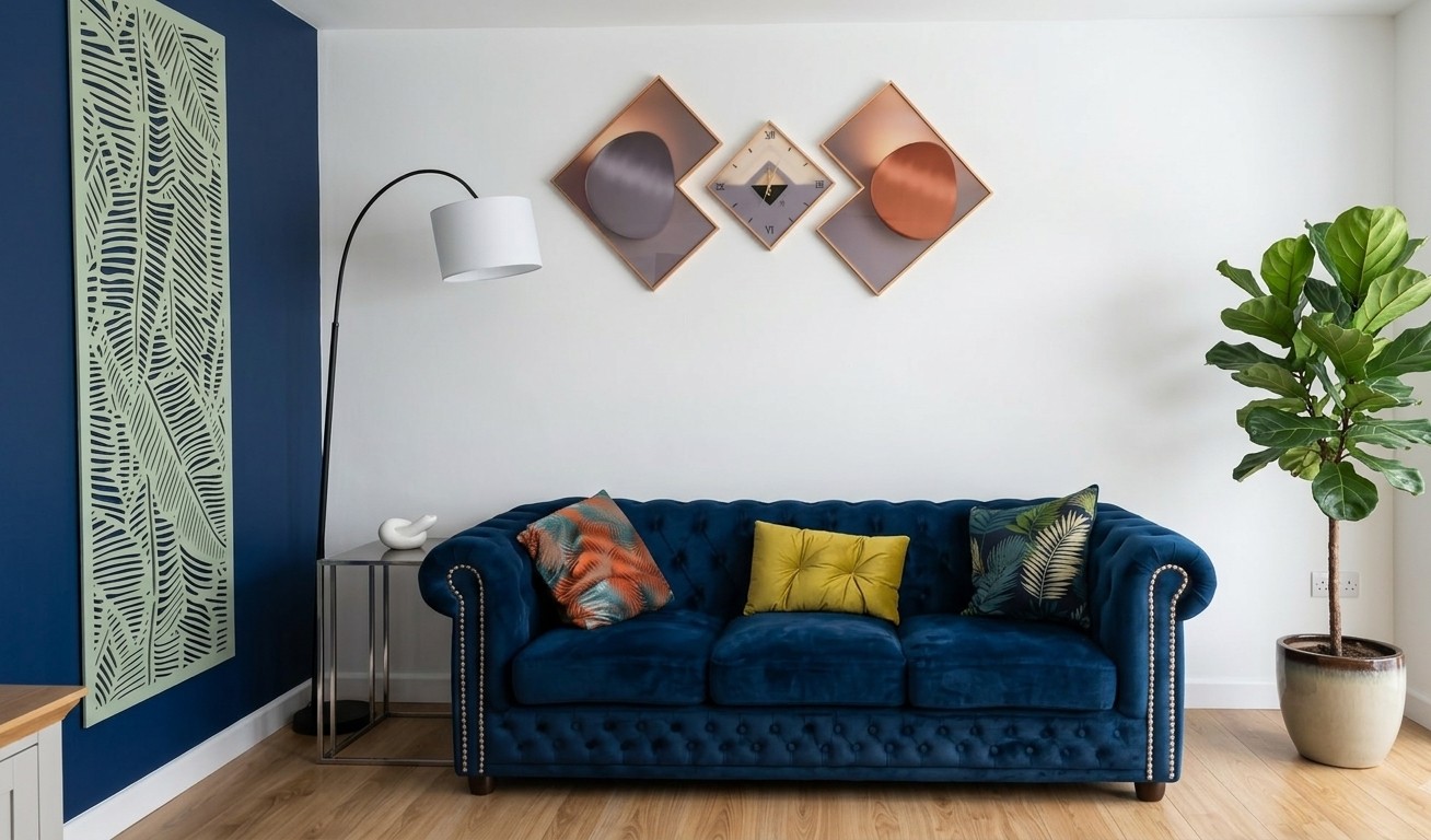 The Navy Room — blue Chesterfield sofa with diamond art installation