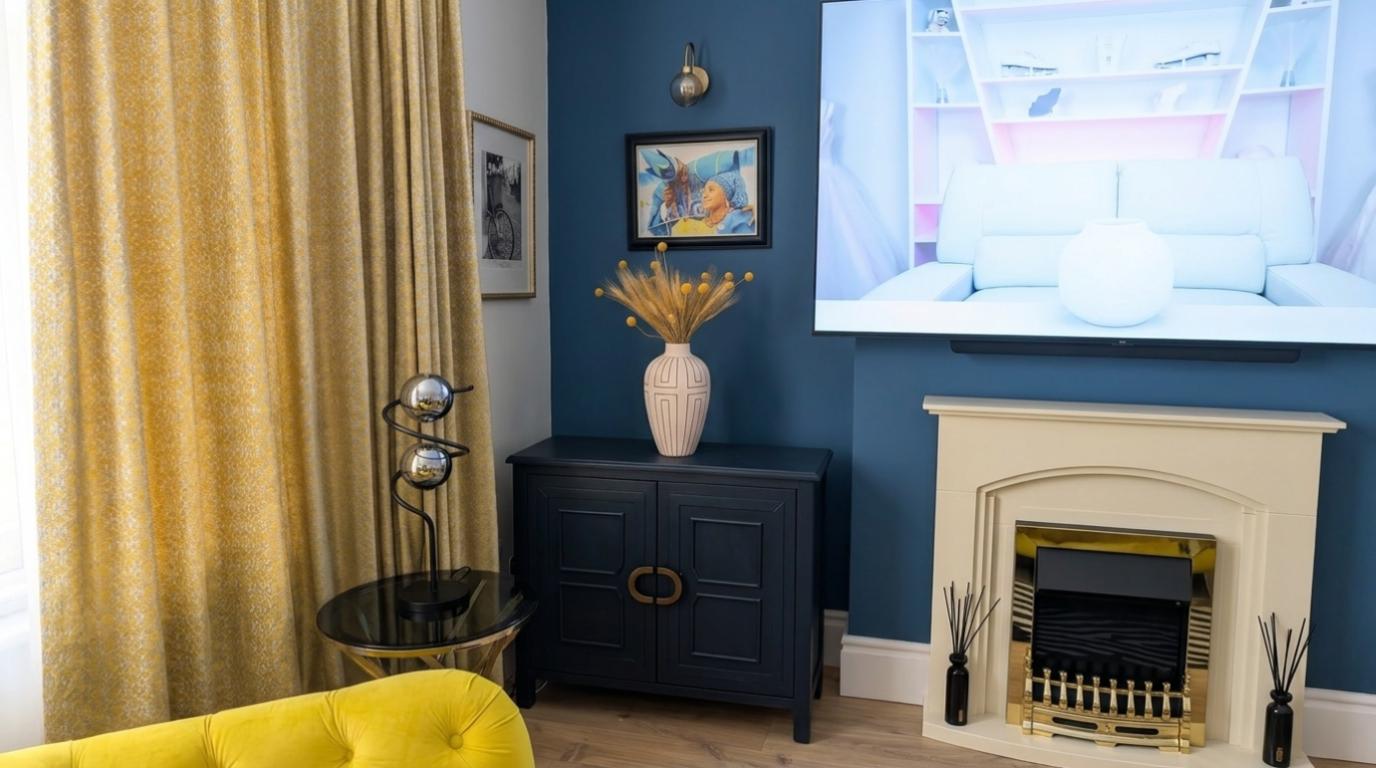Teal feature wall with fireplace and statement vase