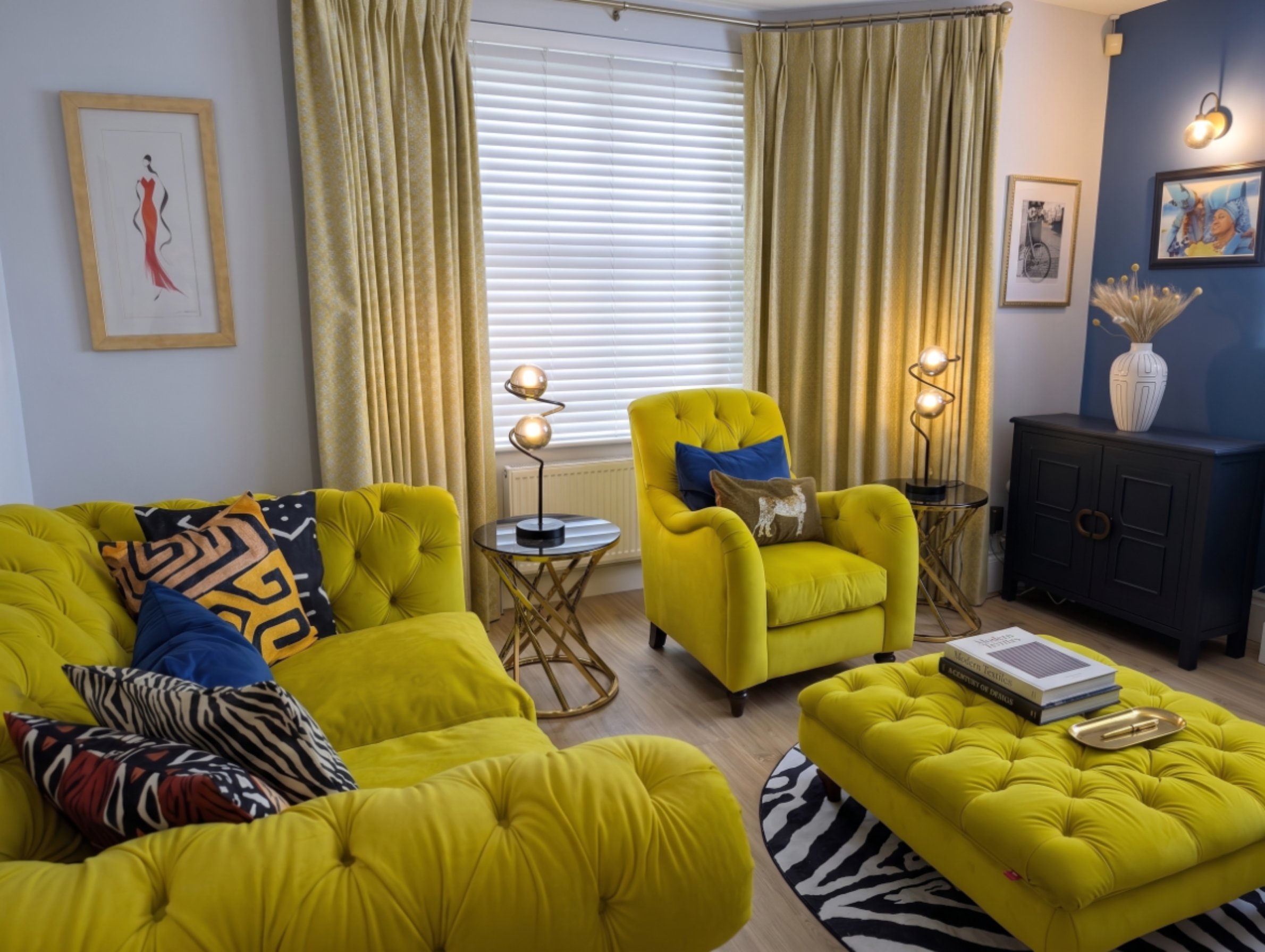 Full room with yellow suite and bay window